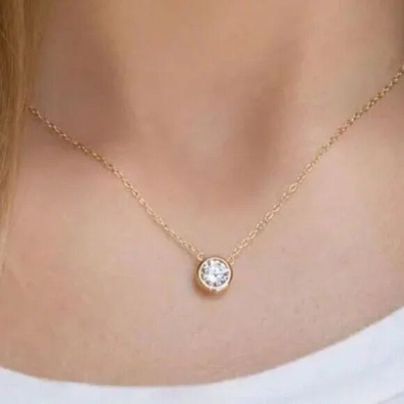 Minimalist 1 Carat Round CZ Layering Necklace Rose Gold, Silver, Gold - Picture 11 of 13